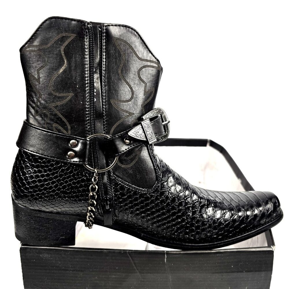 Metro Charm Belt Buckle Chain Strap Black Western Cowboy Ankle Boots Mens Size 9